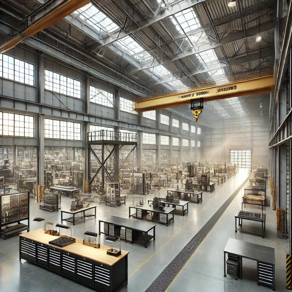 Architectural rendering of the Nexus facility interior: a skylit industrial floor with workbenches and an overhead crane
