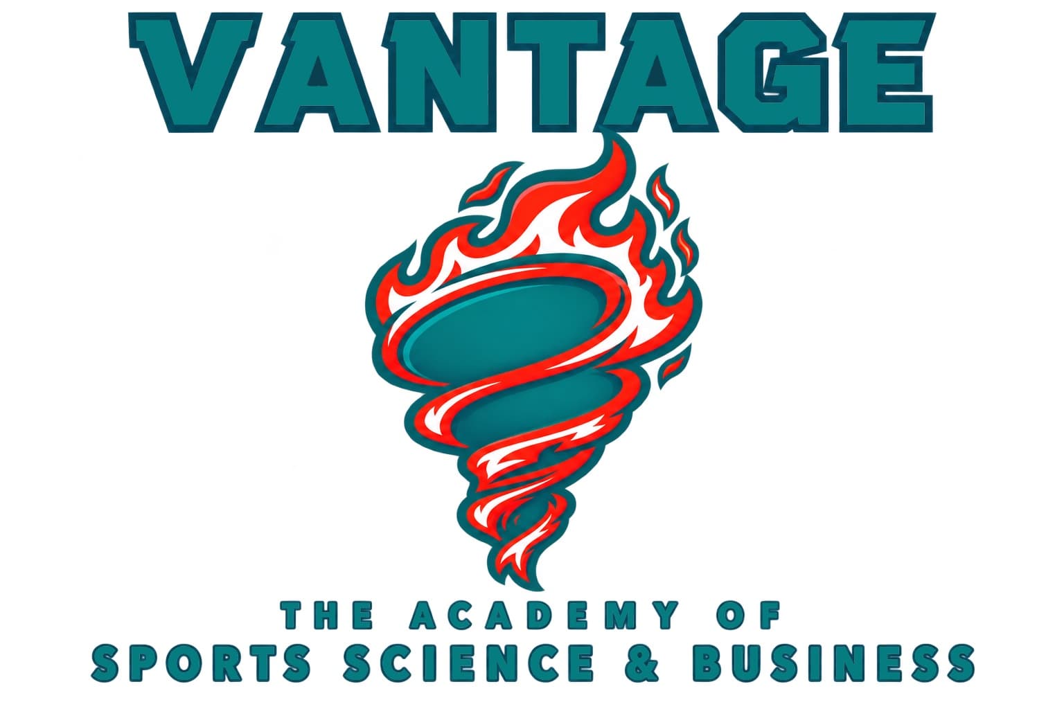 VANTAGE, The Academy of Sports Science & Business, logo with a flaming red and teal tornado